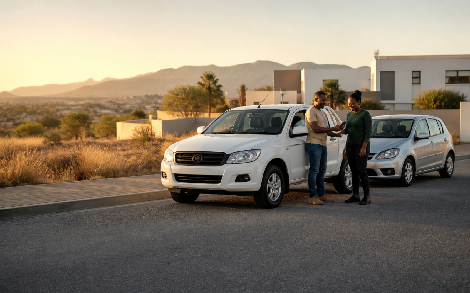 Two people completing a vehicle handover in Windhoek